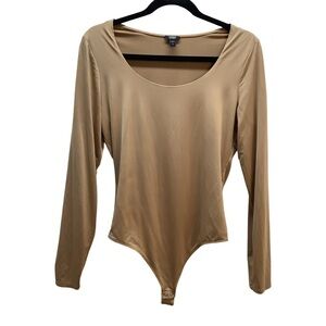Express Size Medium Tan Body Contour Long Sleeve Thong Bodysuit, Preloved.
